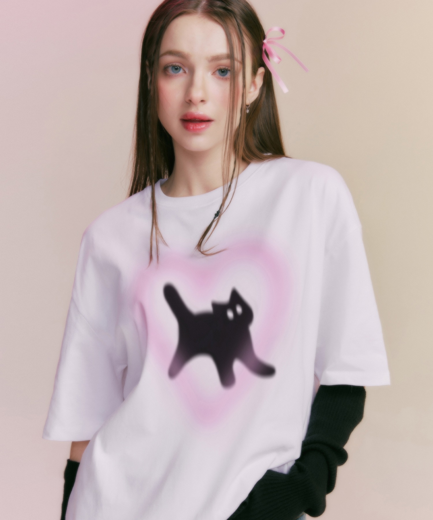 MF BLUR HEART KITTY TEE-WHITE