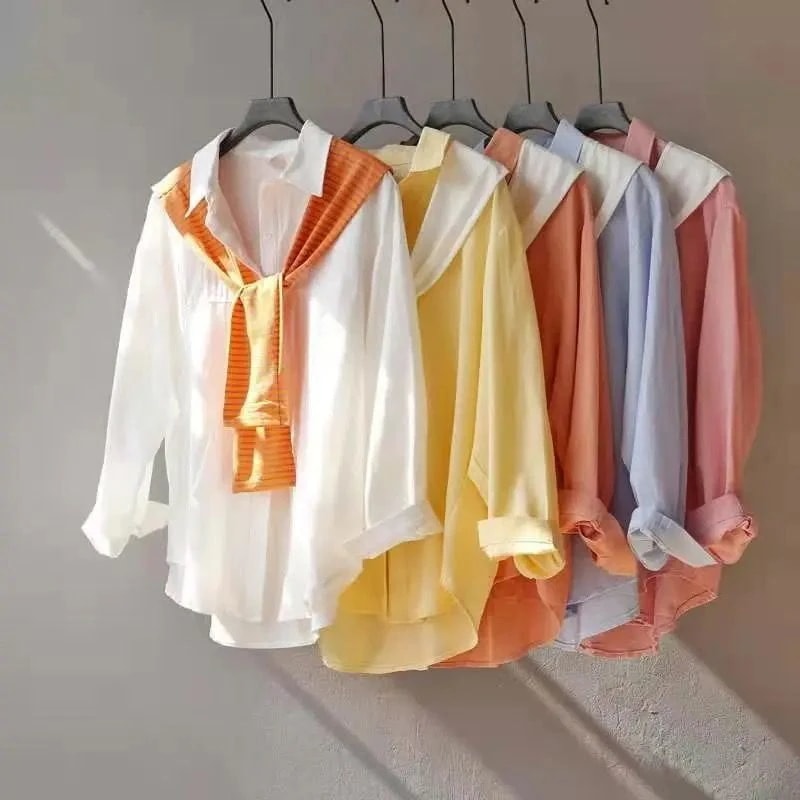 【1つ買うと10つ無料】ボウタイシャツ長いショールホワイトシャツ女性センス秋のファッション早春