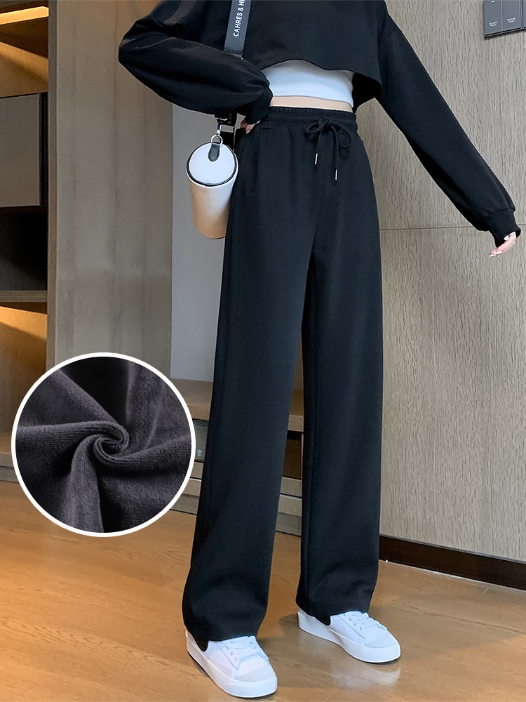 黒のワイドパンツ レディース 春秋 ハイウエスト ドレープ ゆったり カジュアル スポーツ ストレートパンツ 2023 新作