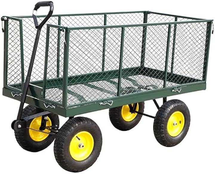 カゴ付き台車 スチールメッシュカート ガーデンカート キャンプカート リアカー 牽引台車 園芸 一体化ハンドル 防水防塵加工 アウトドア (アーミーグリーン, 120X60X48CM)