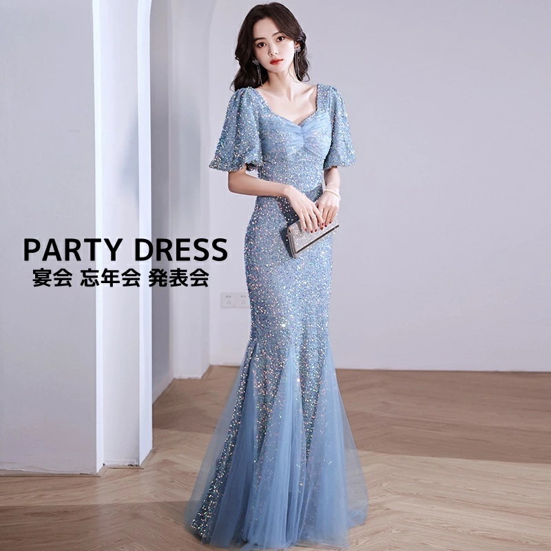 即納可能レディースドレス 礼服 成人式 上品 きれいめ ロングドレス 結婚式 ウェディングドレス イブニングドレス ラメ感 お呼ばれ 着痩せ フィッシュテール メッシュ 着痩せ ファスナー 司会 忘年