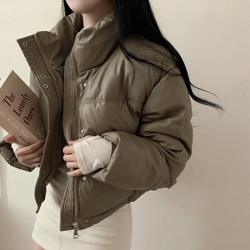 [ハイクオリティ] レザー ハイネック ハイネック ジップアップ ストリング クロップ 長袖 バルーンフィット ダウン ジャンパー