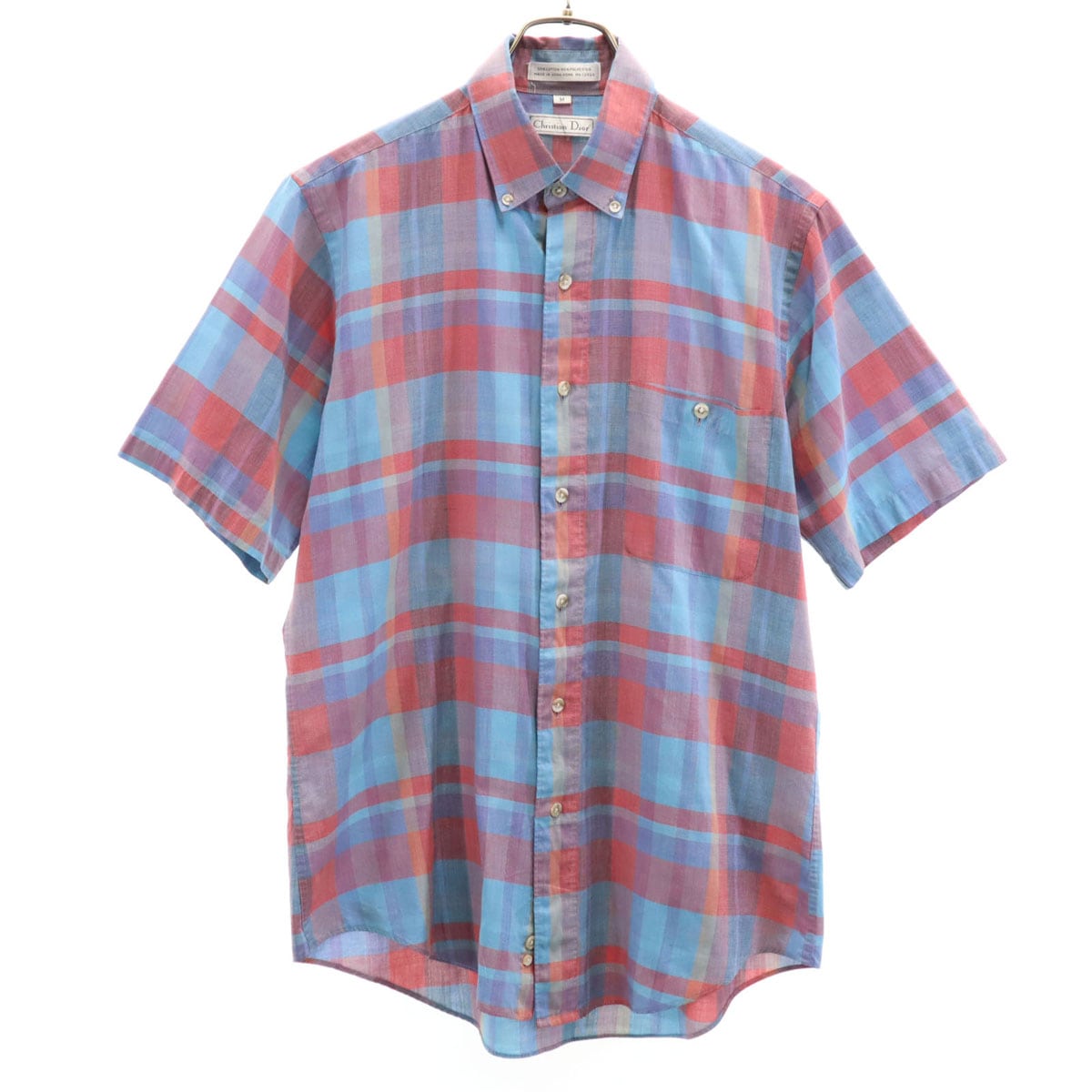 Christian Dior クリスチャンディオール 90s オールド チェック柄 半袖 ボタンダウンシャツ M ブルー メンズ 古着