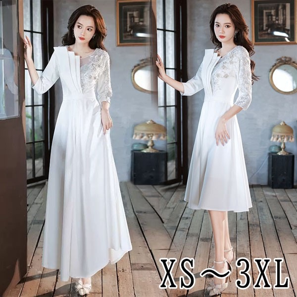 ドレス 大人 ピアノ 発表会 イブニングドレス ミセス パーティードレス ロングドレス ミモレ丈ドレス 演奏会 結婚式 成人式 Aライン ホワイト 大きいサイズ ワンピース 上品 フォーマル ファスナ