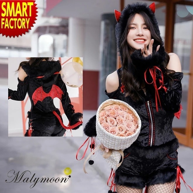 ハロウィン コスプレゆるかわデビルコス！仮装 悪魔 デビル ふわふわ 黒 赤 衣装 仮装 レディース 大人 女性 正規品 malymoon マリームーン 肩だし パーカー ショーパン パンツ 長袖