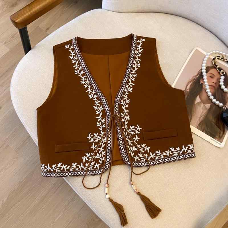 刺繍入り レディース レースアップ 個性的 カジュアル エスニック風 ベスト イヤード 茶色 ベスト ノースリーブ トップス シンプル