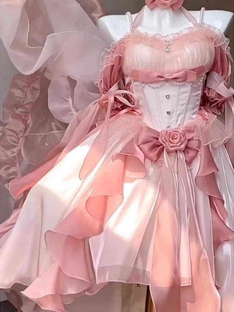 ピンクのロリータドレスとウェディングドレス重工業のふくらんでいるフロントフロントバックロングプリンセススカートハイエンドタッチスカートワンピースドレスドレス