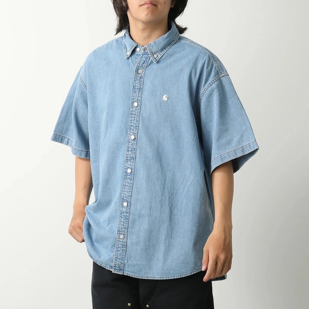 Carhartt WIP カーハート 半袖 シャツ S/S Lucas Shirt ルーカス I034575 メンズ デニム コットン オーバーサイズ ロゴ ルーズフィット 0135/Blue
