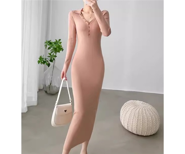 レディース ワンピース カーディガン ニットワンピ ロング 長袖 Vネック 襟付き タイト スリム 細身 異国風 ボタン かわいい 大人可愛い きれいめ シンプル カジュアル おしゃれ かっこいい