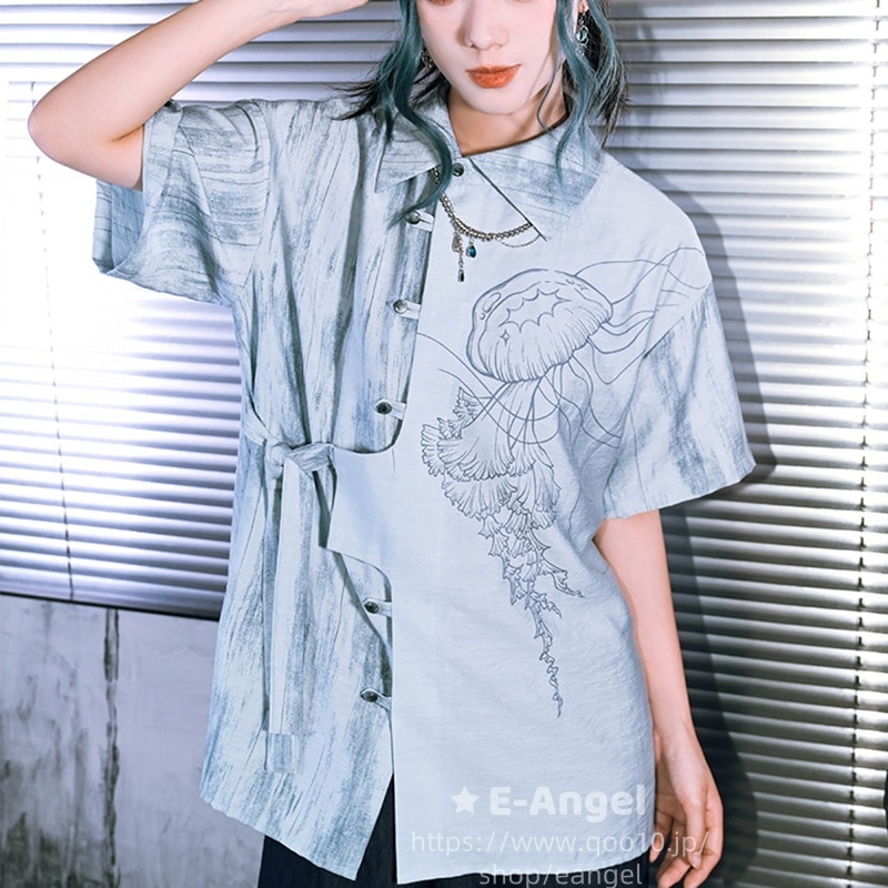 チャイナ風トップス シャツ ブラウス 半袖 レディース ブルー リボン オリジナル アシンメトリー 水色 海月プリント 透気 涼しい