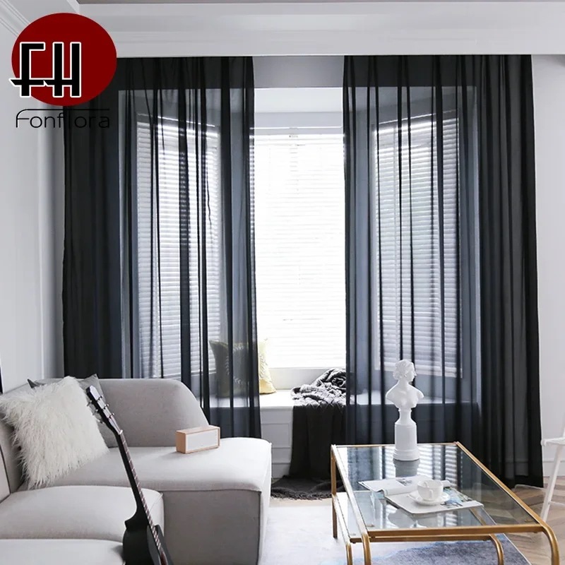 居間の窓,寝室のための現代オーガンザのチュールカーテン,仕切りのドレープのための純粋な黒いシフォンカーテン
