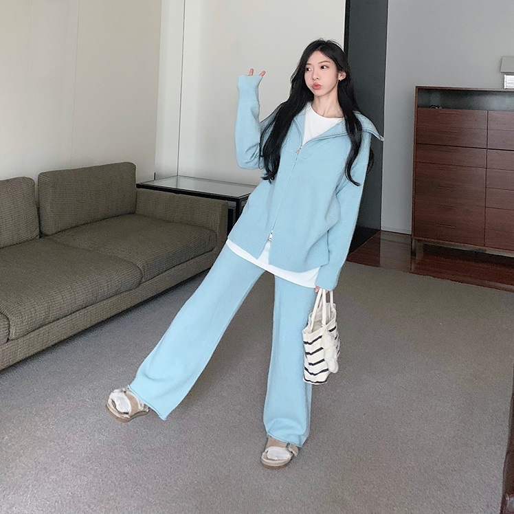 セットアップ レディース 上下セット 2点セット トップス ボトムス パンツ ニット 長袖 襟付き 前開き ロング ロング丈 ワイドパンツ ウエストゴム 無地 カジュアル シンプル かわいい 可愛い