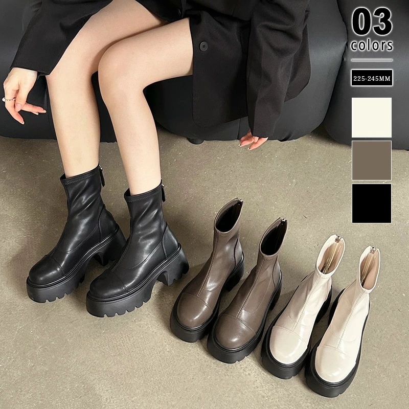 ブーツショートブーツ厚底トラックソールレディースバックジップ靴ショート厚底ブーツタンクソール歩きやすいジップアップショートおしゃれボリュームソールシンプル小さいサイズ大きいサイズ秋冬秋冬