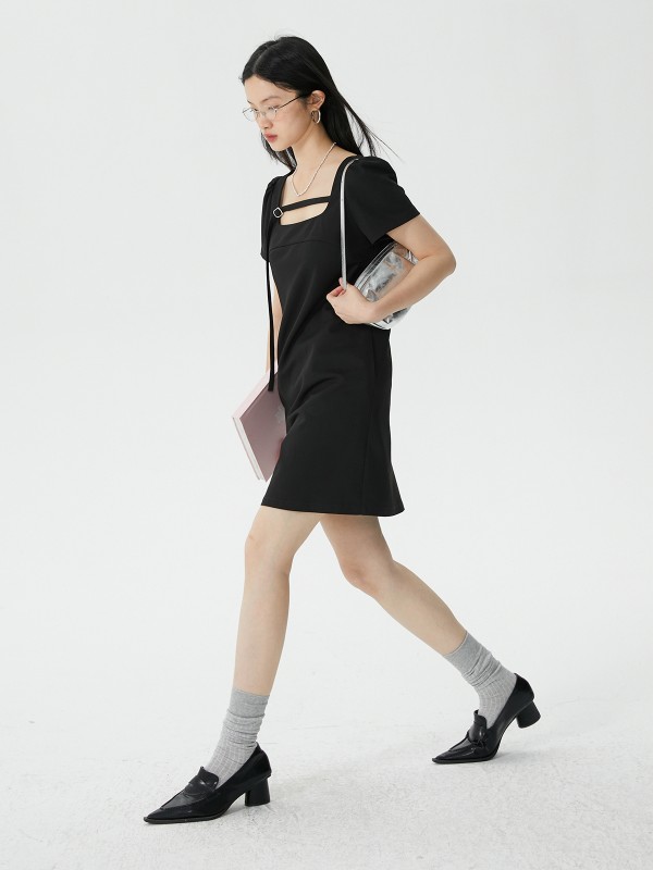 オモント エッグタルト ショート パフスリーブ ドレス レディース 夏 新作 レトロ Aライン リトルブラックスカート ショートスカート