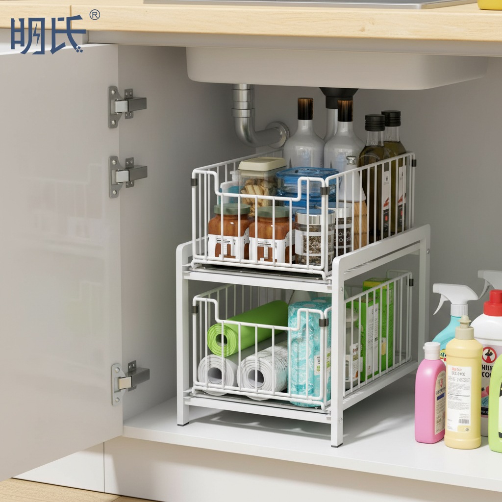 シンク下スライドラック 2 段 スチール製 大容量 洗面台下対応 ホワイト