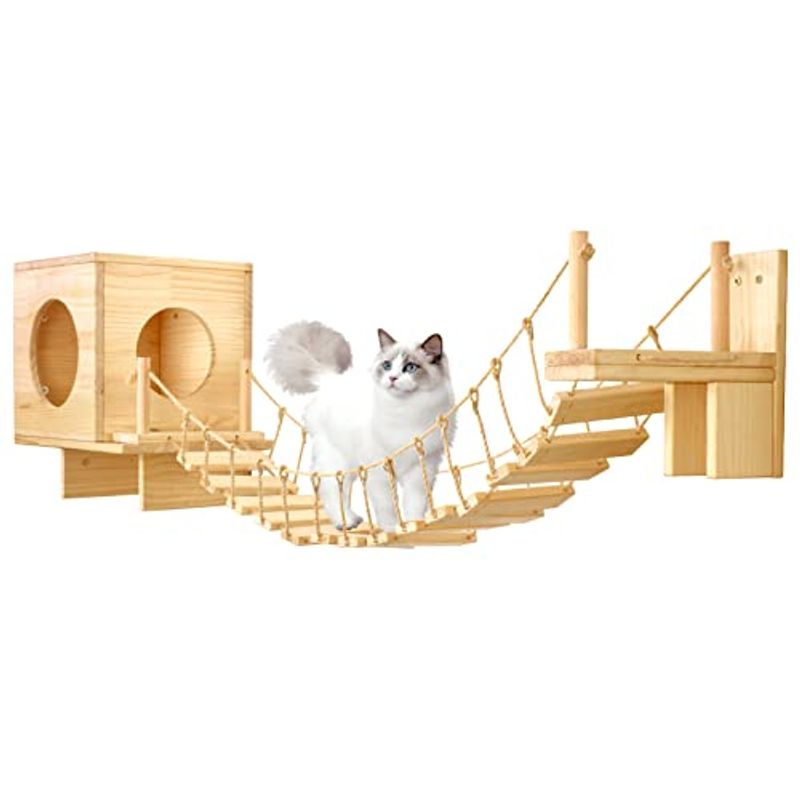 品数豊富！ キャットウォーク 壁 木製 キャットステップ 猫用 猫ハウス付 はしご 吊り橋110120cm DIY 頑丈 取付簡単 日本語取り扱い説明 キャットタワー