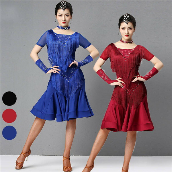 社交ダンスドレス ダンスウェア ドレス モダンドレス ラテンダンス フリンジ フレア きらきら ストーン飾り 半袖 透け感 ダンスドレス ワンピース 社交ダンス衣装 ダンス 舞台服 チャチャチャ ラテ