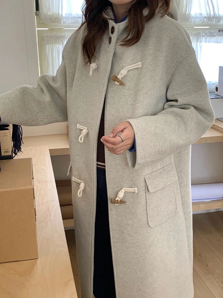 ホーンバックル ラシャ コート 冬 韓国ファッション デザイン感 フード付き ジャケッ ト ロングタイプ 厚手 保温 冬アウター