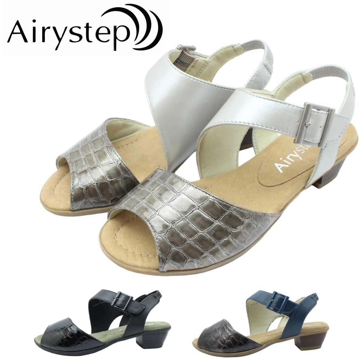 Airystep エアリーステップ レディース コンフォート サンダル 軽量 321 バックバンド オープントゥ ローヒール 婦人 靴 レザー