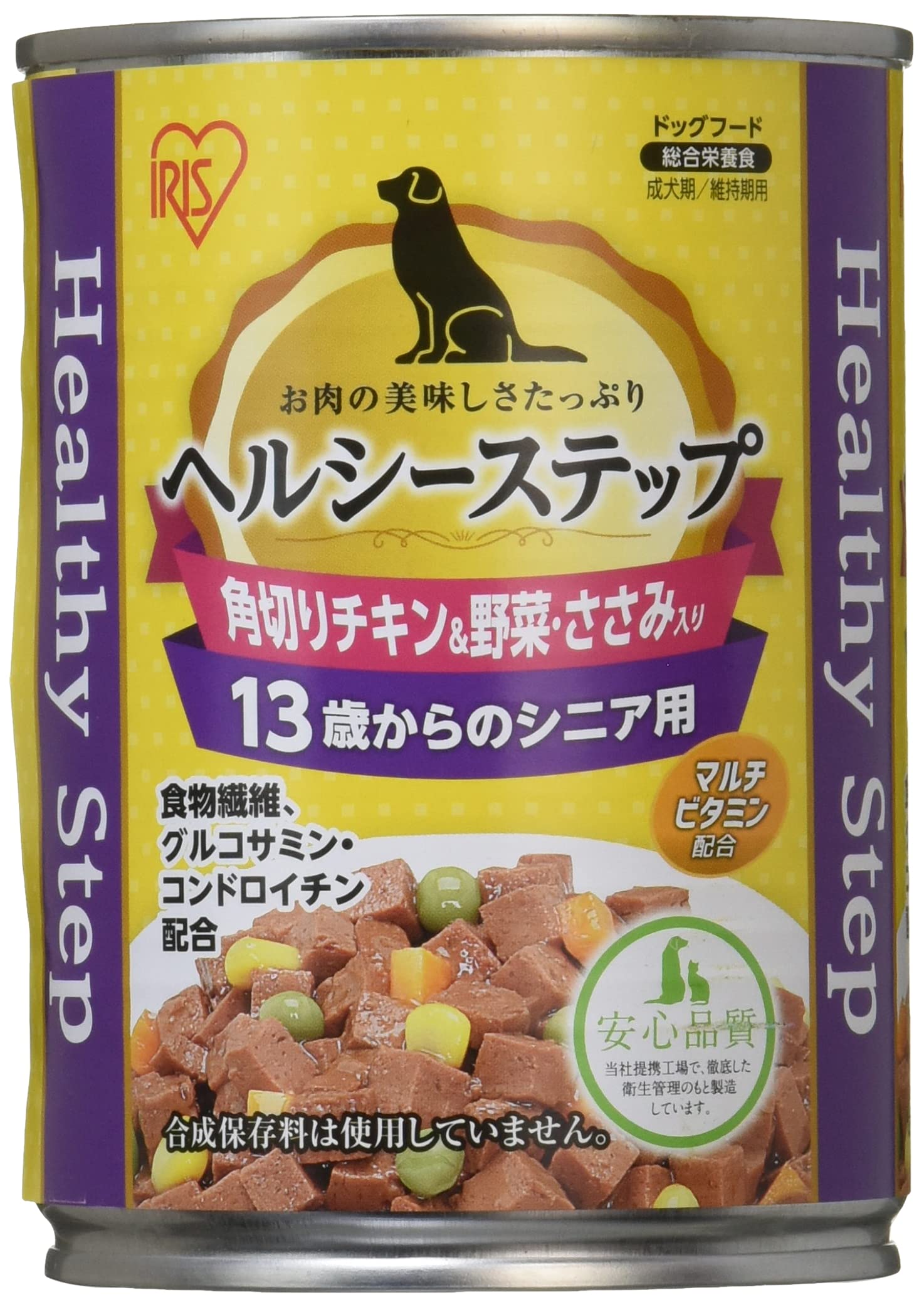 最安値挑戦 アイリスオーヤマ ヘルシーステップ ドッグフード 総合栄養食 13歳以上用 角切りチキン＆野菜・ささみ 合成着色料・合成保存料不使用 375g×24個