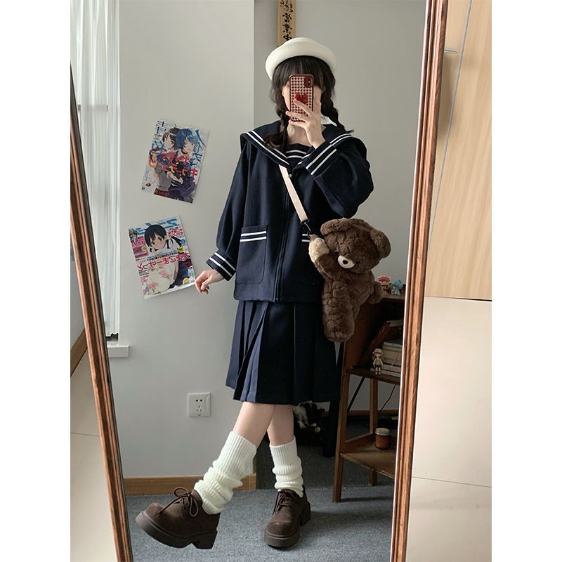 冬の新海軍アカデミー風セーラー制服ウールコートコートプリーツスカートスーツツーピーススーツ女性のための