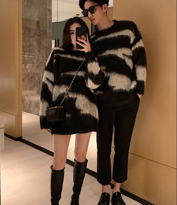 ニット ニットソー セーター 袖あり長袖 ボーダー シマ 横縞 モヘア シャギー ユニセックス 男女兼用 ふわふわ もこもこ あったかい 暖かい レディース クール きれいめ 大人女子 かっこいい