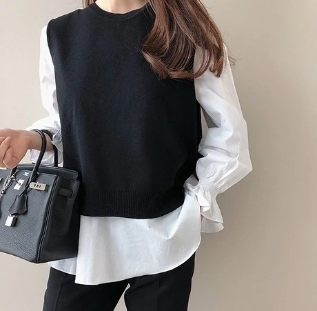 ブラウス ベスト セット レディース ニット 重ね着 長袖 ラウンドネック 無地 黒 青 グレー 大きいサイズ 大人可愛い きれいめ シンプル カジュアル おしゃれ お出かけ デイリー ゆったり 通学