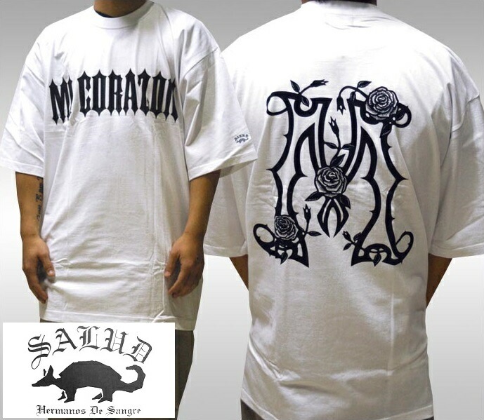 SALUD サルー メンズ Tシャツ ホワイト MI CORAZON 020-2 ストリート ローライダー チカーノ ファッション ウェアー LA カジュアル スタイル ブランド ダックテイルズ シャ