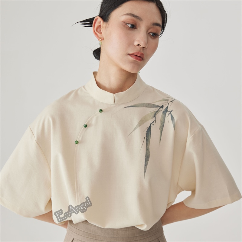 チャイナ風トップス リネンシャツ ブラウス レディース 半袖 竹柄 改良漢服トップス スタンドカラー オフホワイト 復古 成人式