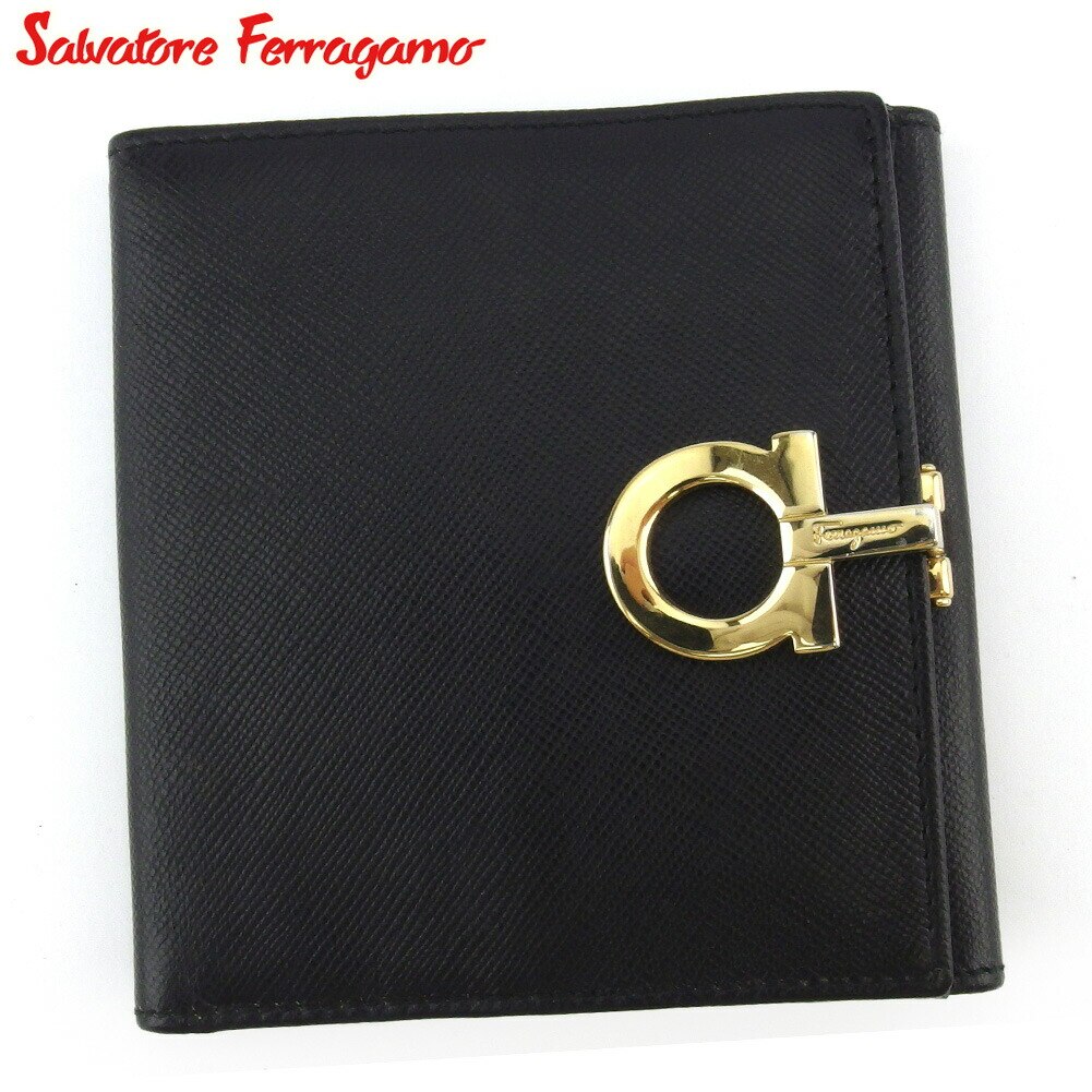 Wホック 財布 二つ折り ミニ財布 ガンチーニ レディース メンズ ブラック ゴールド 中古