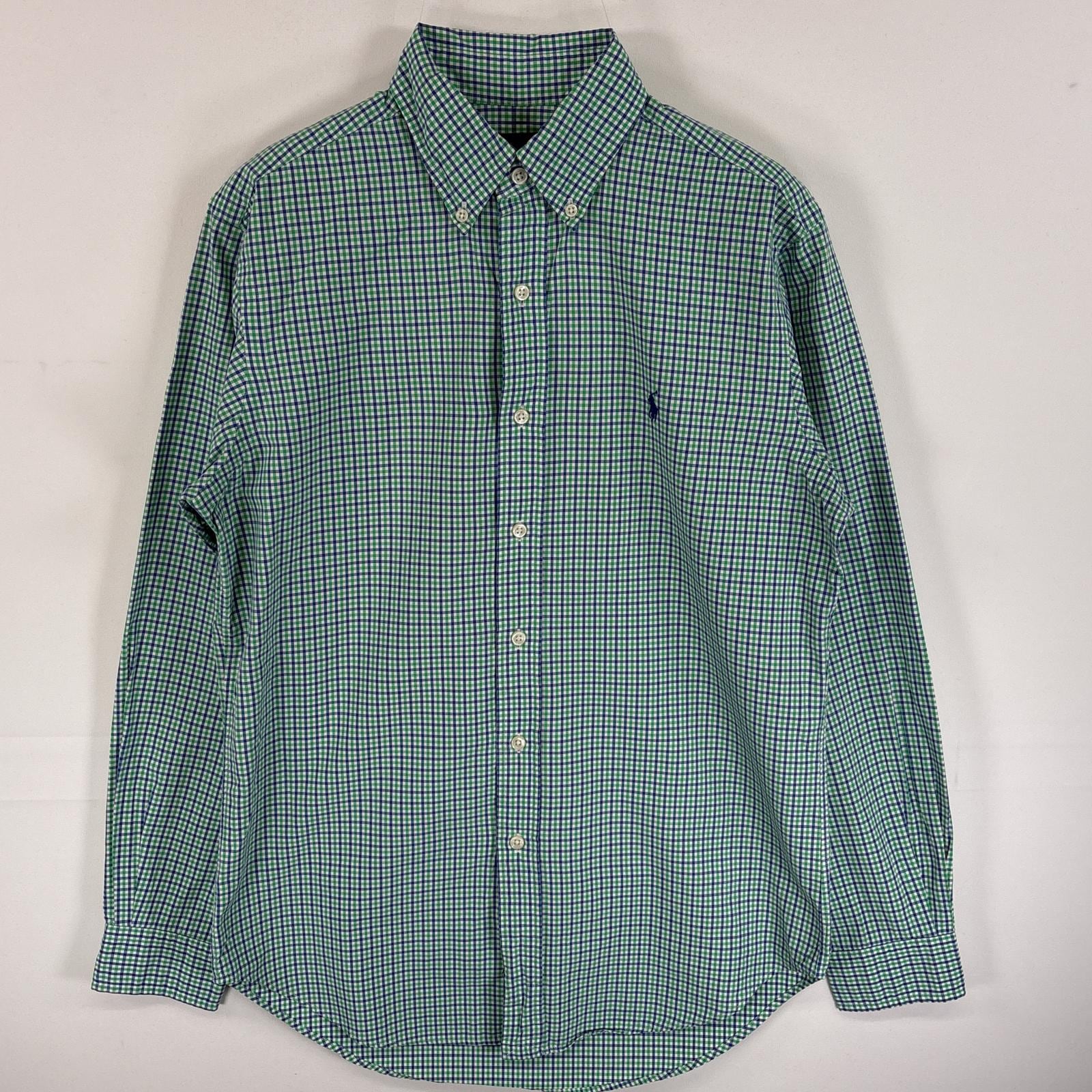 古着 長袖シャツ ワンポイント ロゴ 刺繍 薄手 ボタンダウンシャツ S グリーン系 チェック メンズ