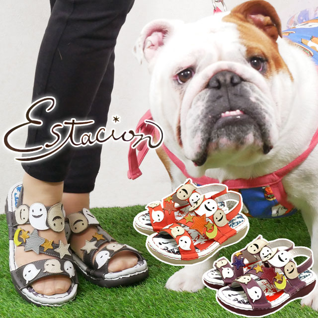 エスタシオン レディース 疲れない 厚底 サンダル 痛くない 本革 靴 ストラップサンダル ベルクロ 履きやすい コンフォートサンダル 歩きやすい おばけモチーフ MSE184 ダークグレー/マルチ