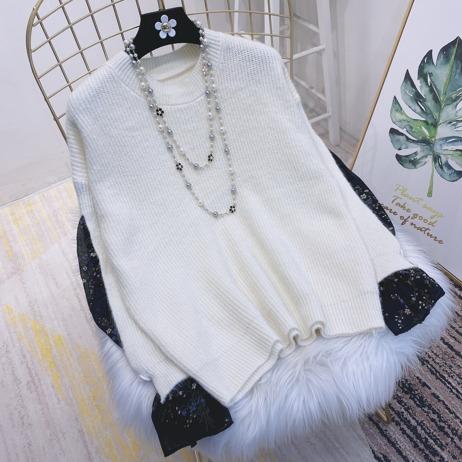 レディース トップス ニット セーター プルオーバー 普通丈 長袖 萌袖 袖あり ラウンドネック ワイド ドッキング フェミニン シフォン 透け感 コンサバ 中厚手 異素材ミックス 伸縮性 大人可愛い