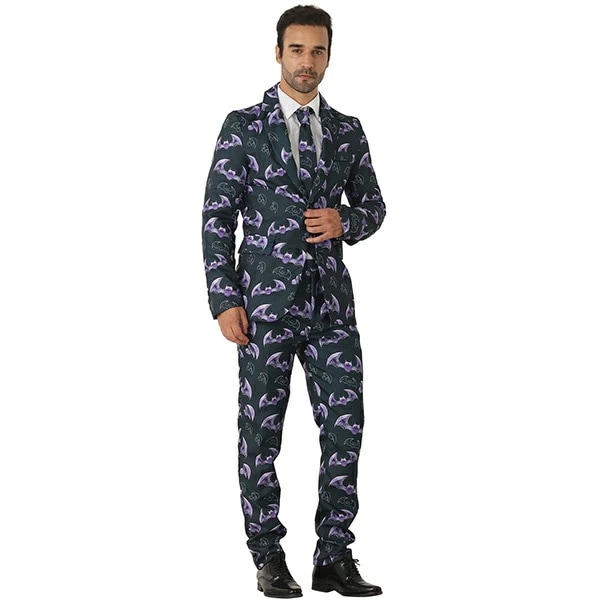 メンズ スーツ コウモリ柄 総柄 ハロウィン パーティー 演出服 紳士服 上下セット セットアップ 長袖 ステージ衣装 舞台 大人 司会者 演奏会 学園祭 衣装 おしゃれスーツ コスチューム dg17