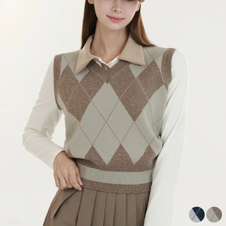 ゴルフウェア トップス 冬 レディース 春 ニット 秋 柄 Ｖネック 韓国 アーガイル ベスト