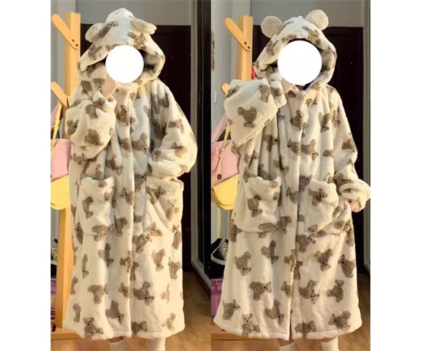 くま レディース ワンピース パジャマ 膝下 ミモレ 長袖 ファスナー ポケット フード 厚手 ベルベット かわいい カジュアル おしゃれ ラフ ガーリー 個性的 存在感 ラブリー キュート