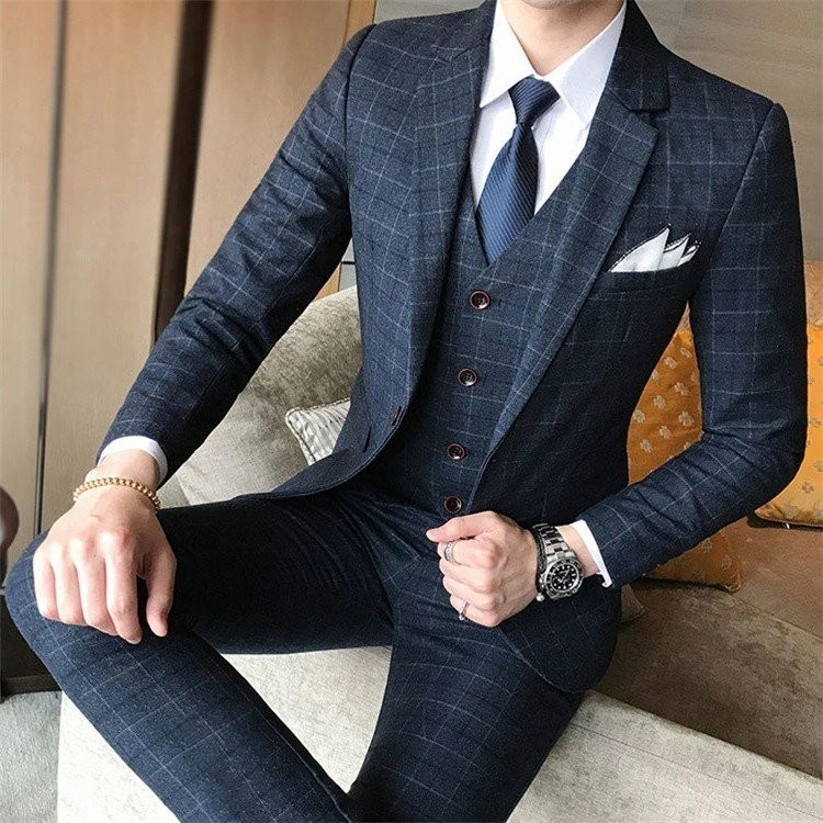【3日で出荷】ビジネススーツ メンズ 3ピーススーツ 3点セット チェック柄 セットアップ 卒業式 細身 紳士服