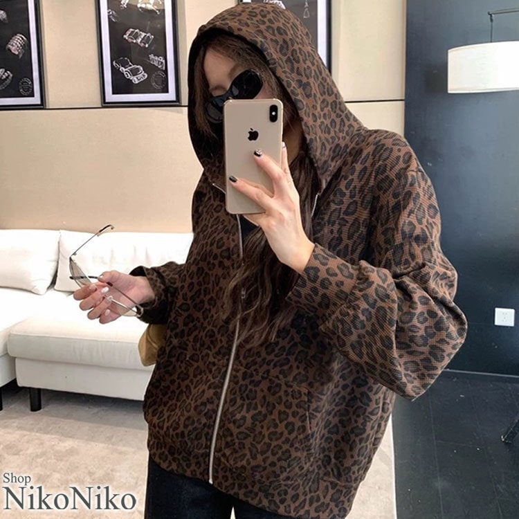レオパード柄 オーバーサイズ ジップアップパーカー【即納】 レディース 韓国 プチプラ おしゃれ