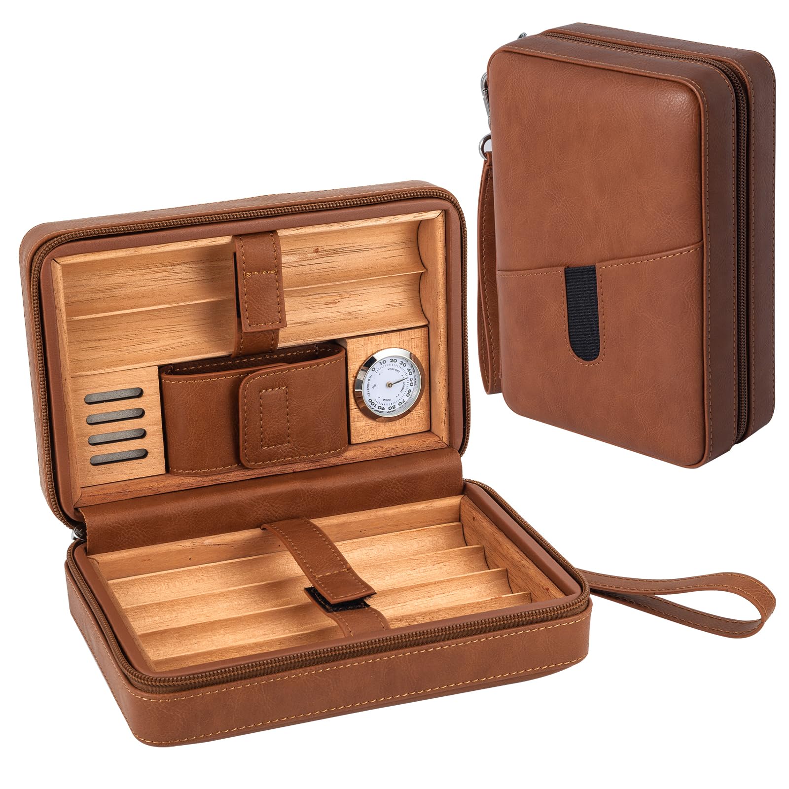 ヒュミドールシダーウッド裏地付きレザーケース容量 6個 湿度計&加湿器内蔵 ホルダー ポータブルトラベルヒュミドールキット(ブラウン)