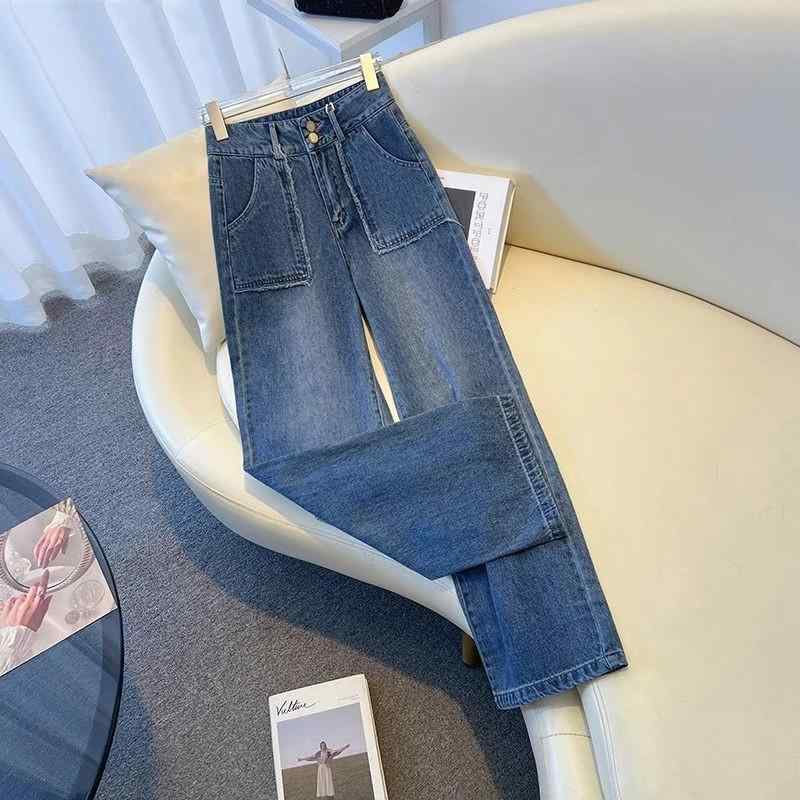 レディース ファッション カジュアル おしゃれ ハイウエスト ダブルブレスト ジーンズ 春夏 スリミング ポケット ロー エッジ ストレート ワイドレッグ レングス パンツ