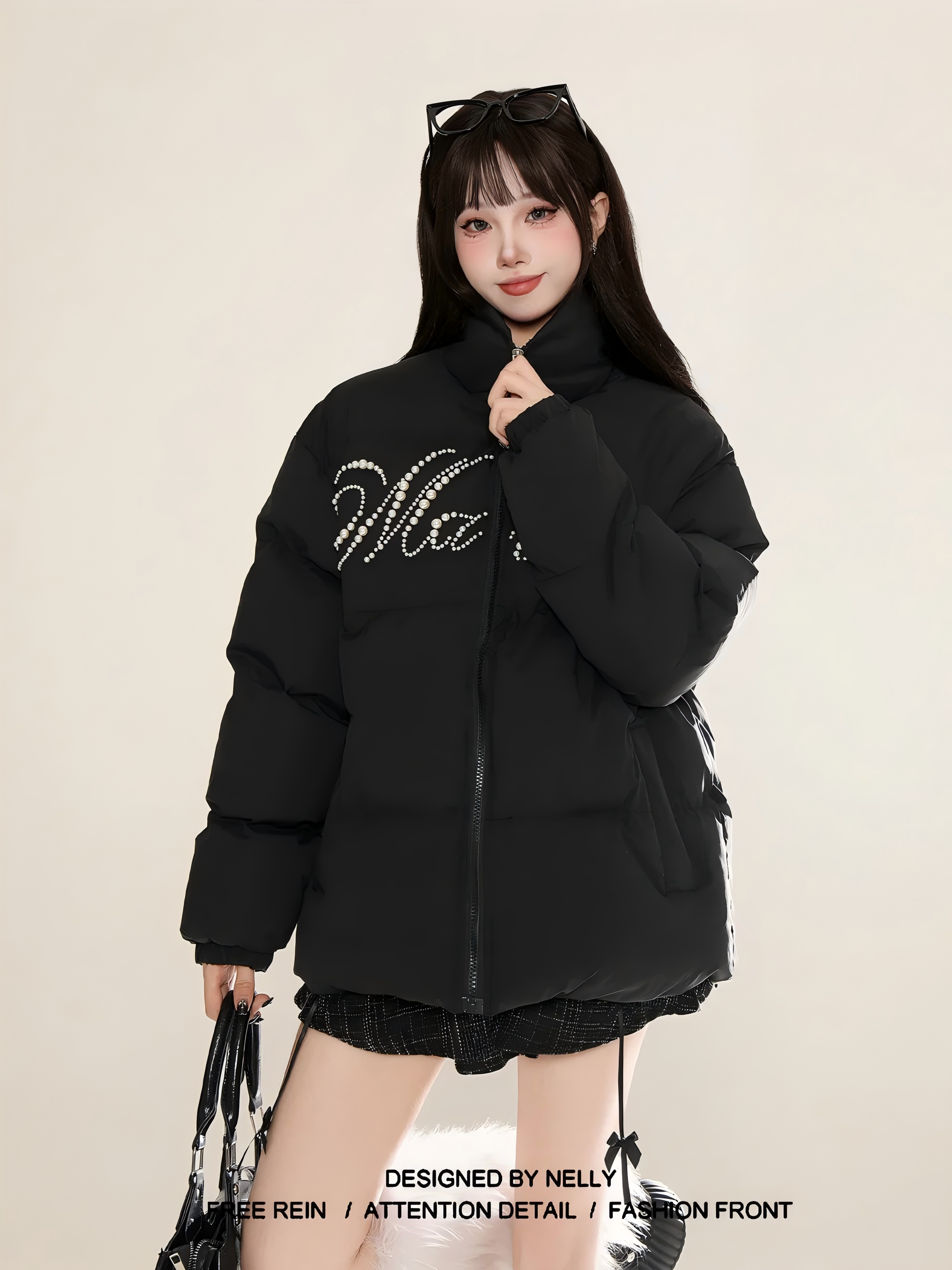 ふっくら中綿 あたたかい冬 韓国防寒あったか暖かいかわいいブルゾン厚手アウターBF風無地羽織るハイネックファッション系大人ゆったりカジュアルストリートスタンドネックにサイズ丈シルエット秋レディース黑白