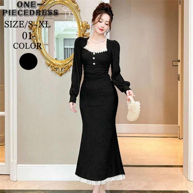 ワンピスドレス　ロング丈ドレス　タイトワンピース　ビーズ装飾付き　パーティードレス　フォーマルドレス　裾レース　姫系　長袖　パフスリーブ　セクシー上品 大人 きれいめ キャバ嬢　お水　結婚式 ドレス