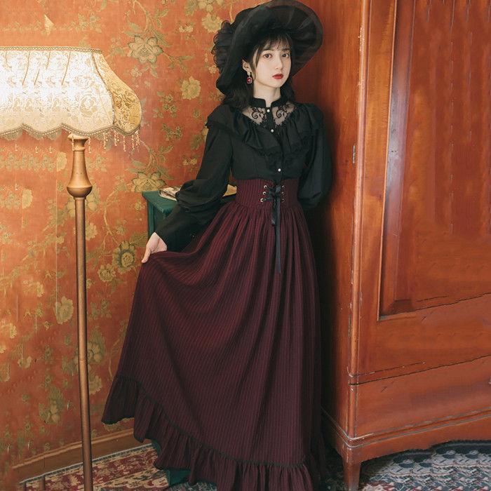 【大人気】単品 ゴシック＆ロリータ服 ゴスロリ コスプレ衣装 ブラウス スカート ロリータ 女性 人 コスチューム 長袖 ミモレ丈 暗黒 Lolita ハロウィン クリスマス 学