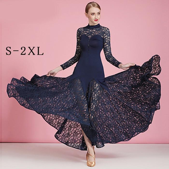 社交ダンス ドレス 社交ダンス衣装 長袖 初心者 練習着 レース ック 広がる裾 発表会用 ワンピース パーティー ネイビー S M L XL 2XL