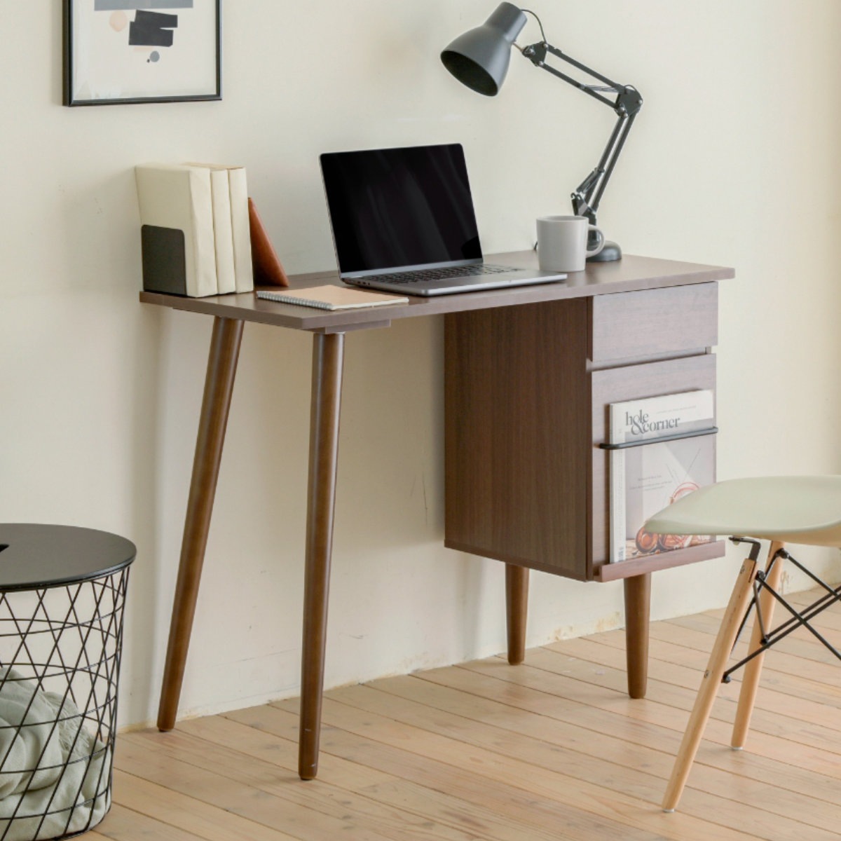 ワークデスク 引き出し付き 木製 幅94cm ディスプレイラック デスク 机 コンパクト シンプル スリム 木目調 北欧風 引き出し 収納 おしゃれ リビング 学習机 勉強机 ブラウン 茶色