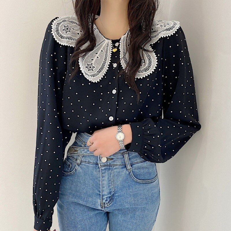 ２色 トップス シャツ ブラウス カットソー レディース 春夏 かわいい ゆったり ゆったり 長袖 ボリューム袖 Uネック ラウンドネック 襟付き 大きな襟 ドールカラー フレア セミフレア ドッキン