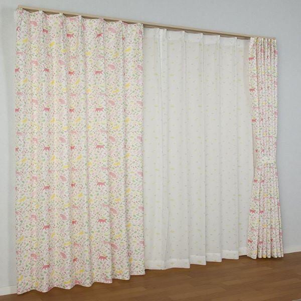 カーテン 4枚セット 約幅100x長さ200cm 猫柄 ドレープ/レースx各2枚 洗える タッセル付き 形状記憶 さんぽだニャンピンク