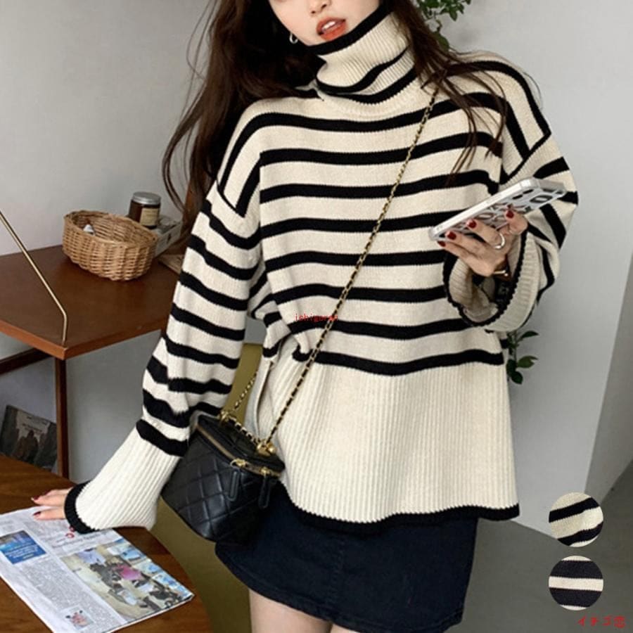 人気なリブニット タートルネックボーダーニットトップス服