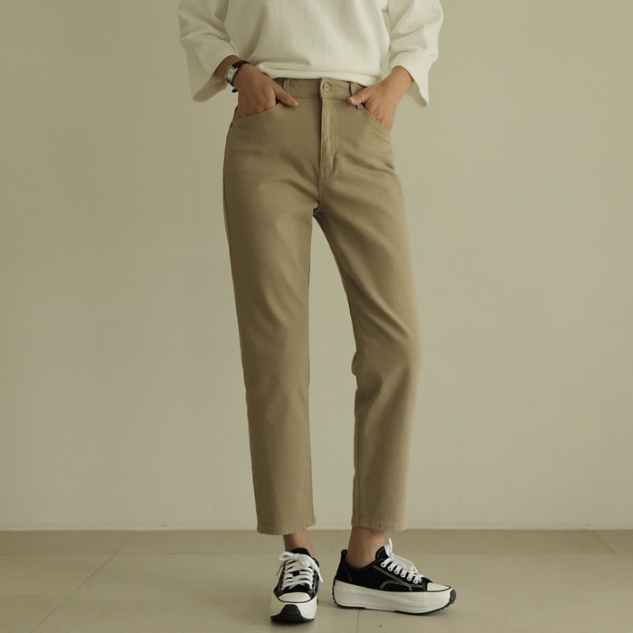 [韓国ファッション] 隠しウエストゴム ストレッチコットンテーパードパンツ