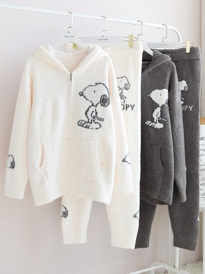 冬のふわふわハーフベルベット漫画連帽男女家ル用住居着セット秋冬日系ファスナータイプパジャマ